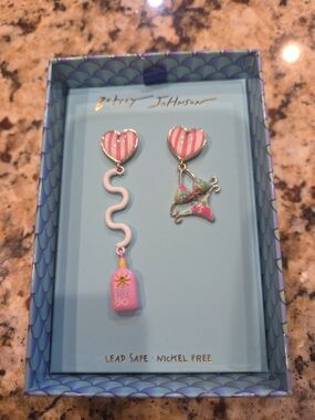 Betsey Johnson Pink Stripe Heart Dangle Earrings with Multicolor Bikini Charm